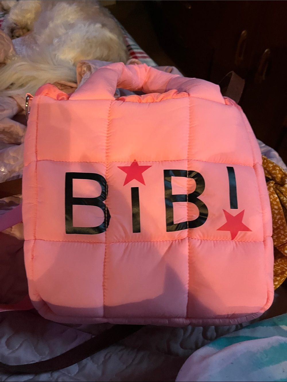 BiBi Coral Pink Quilted Puffer Tote with Star Detail